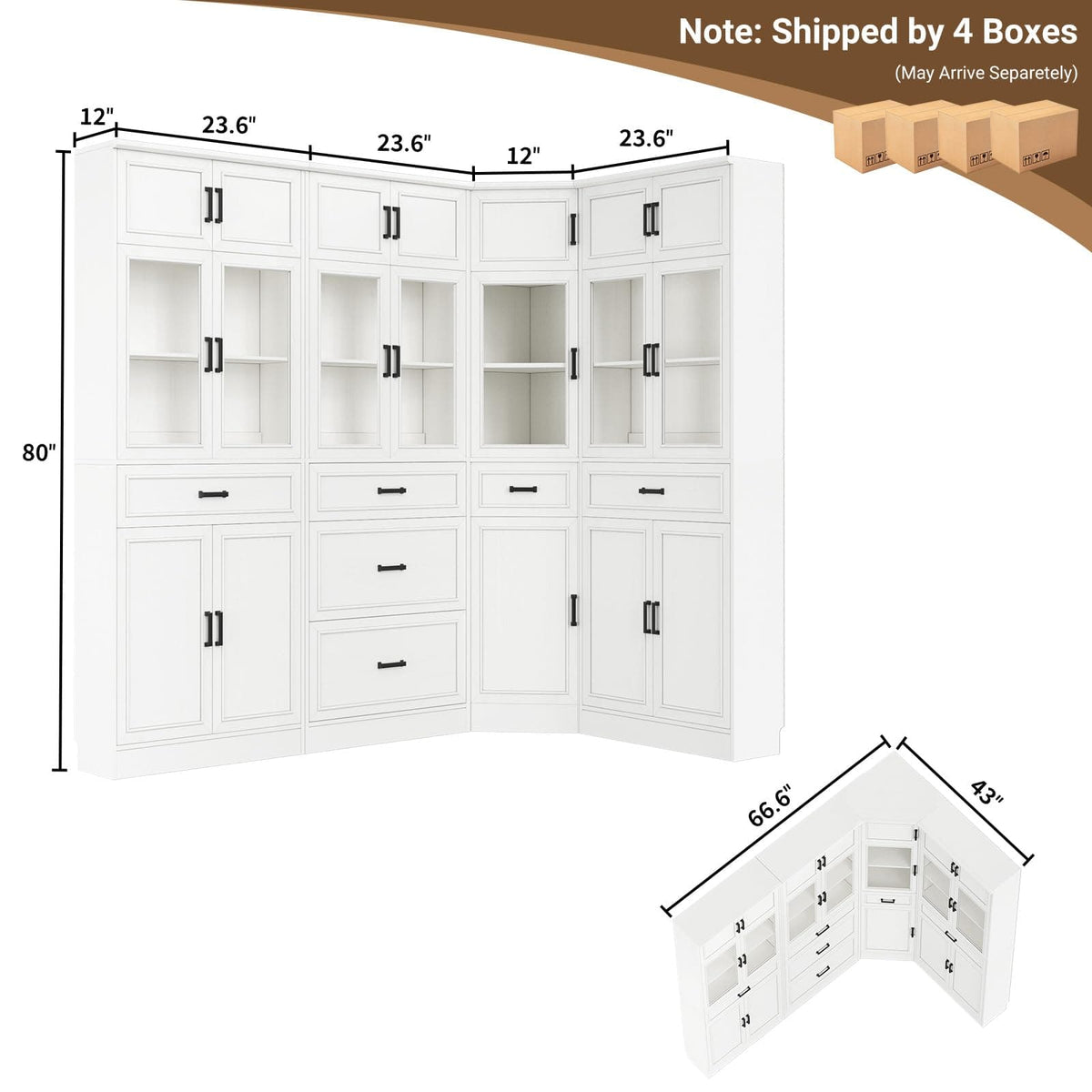 80" Tall Corner Bookcase & Storage Cabinet with Glass Doors - 4-Piece Storage Set for Home office, Dining & Living Room