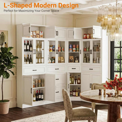 80" Tall Corner Bookcase & Storage Cabinet with Glass Doors - 4-Piece Storage Set for Home office, Dining & Living Room