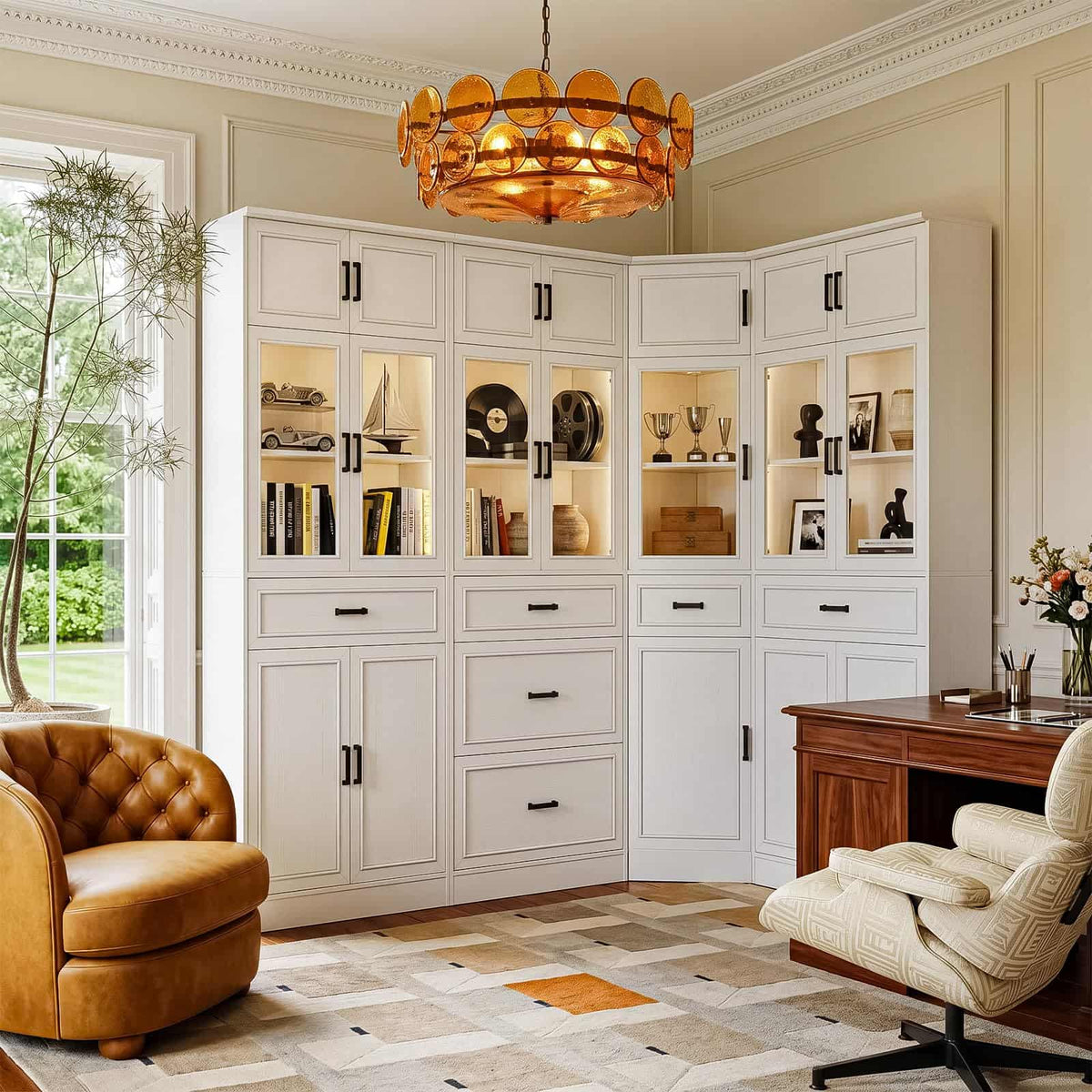 80" Tall Corner Bookcase & Storage Cabinet with Glass Doors - 4-Piece Storage Set for Home office, Dining & Living Room