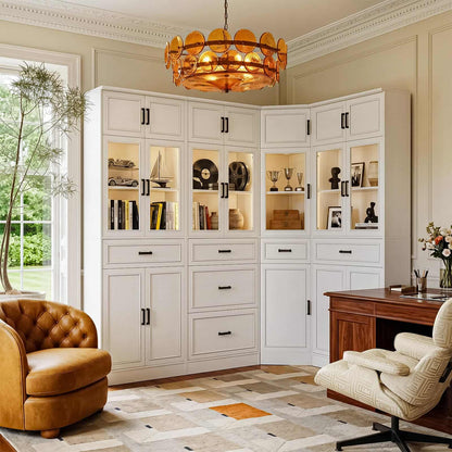 80" Tall Corner Bookcase & Storage Cabinet with Glass Doors - 4-Piece Storage Set for Home office, Dining & Living Room