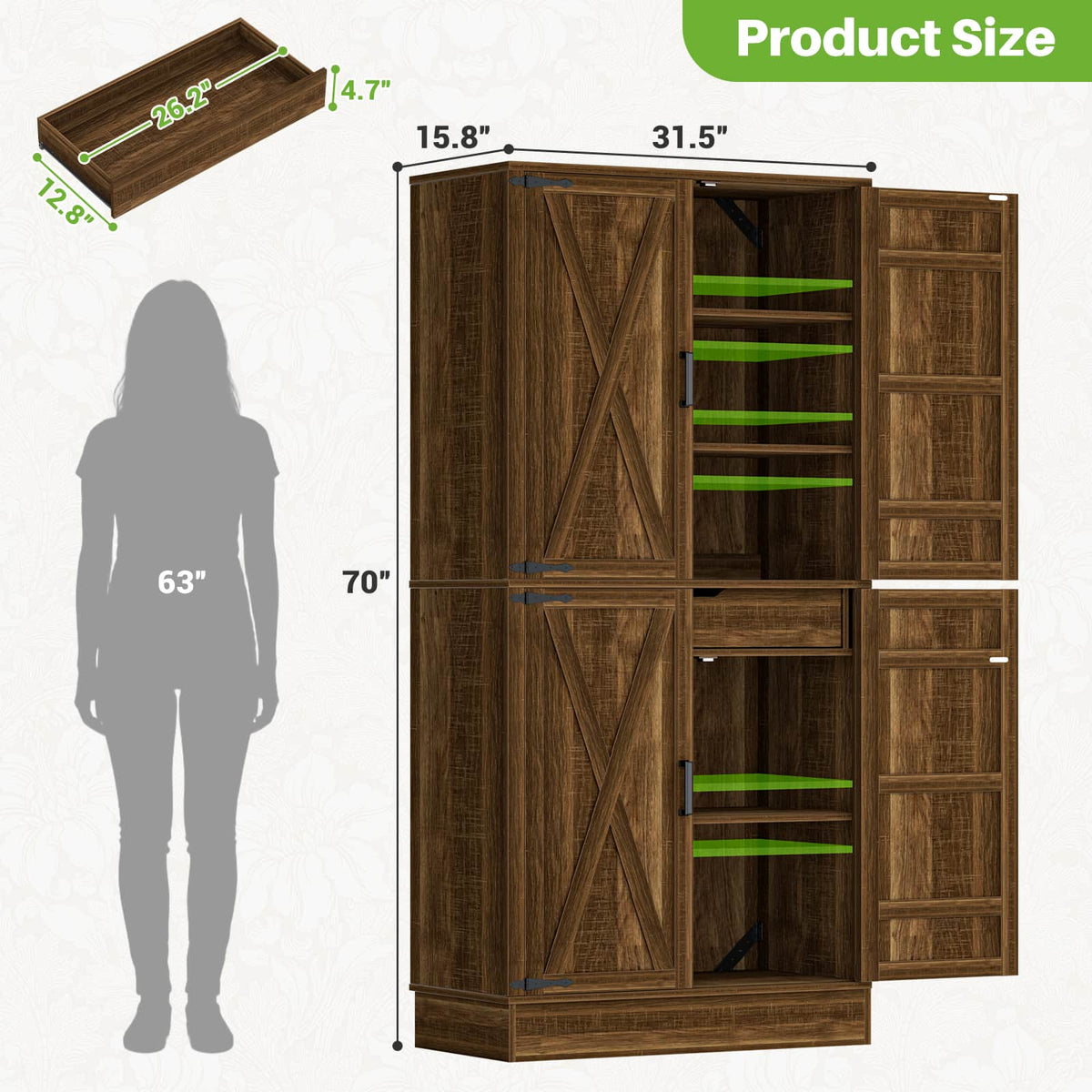 70'' Tall Kitchen Pantry Cabinet with Drawer and Adjustable Shelves