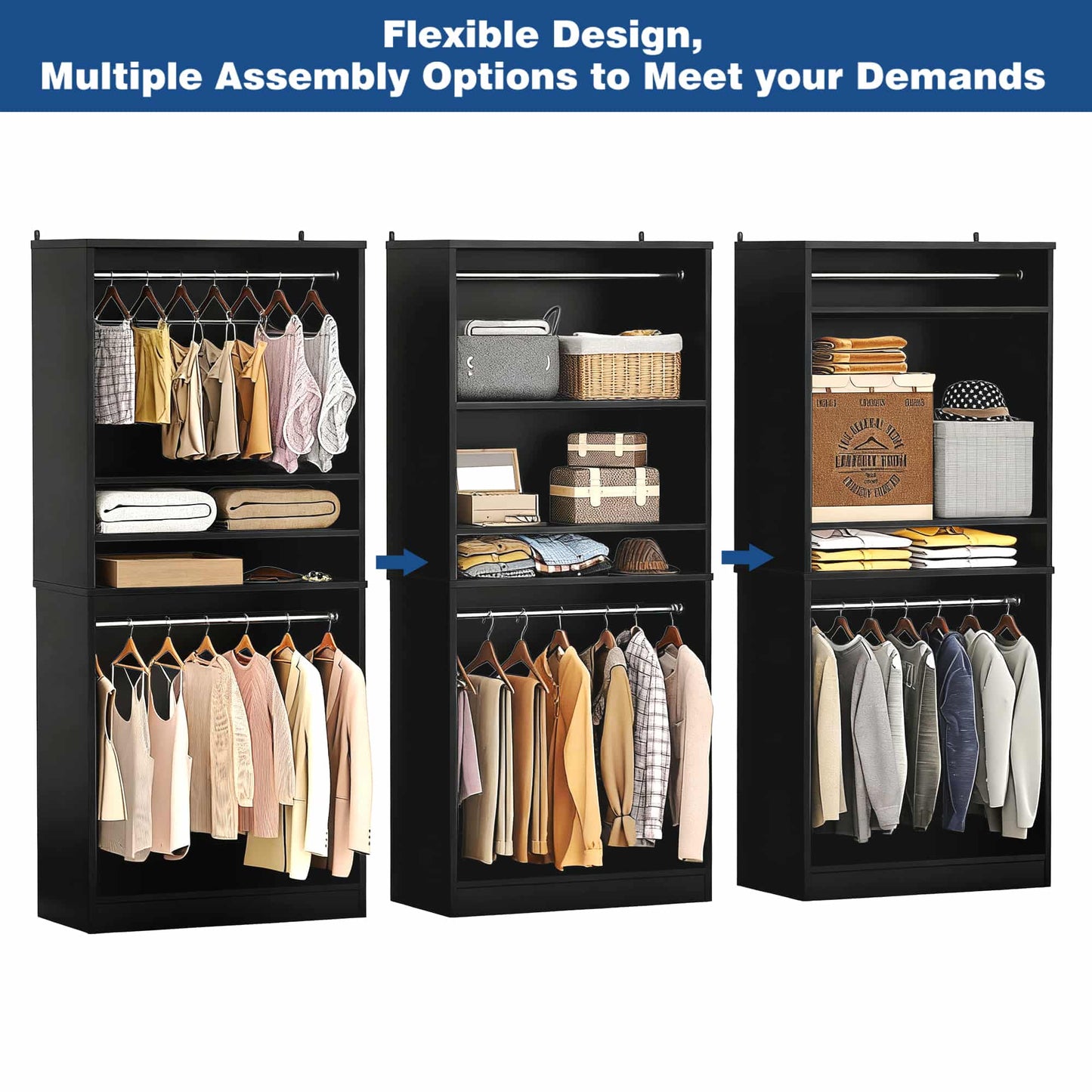 36" Freestanding Closet System with 2 Hanging Rods & Adjustable Shelves