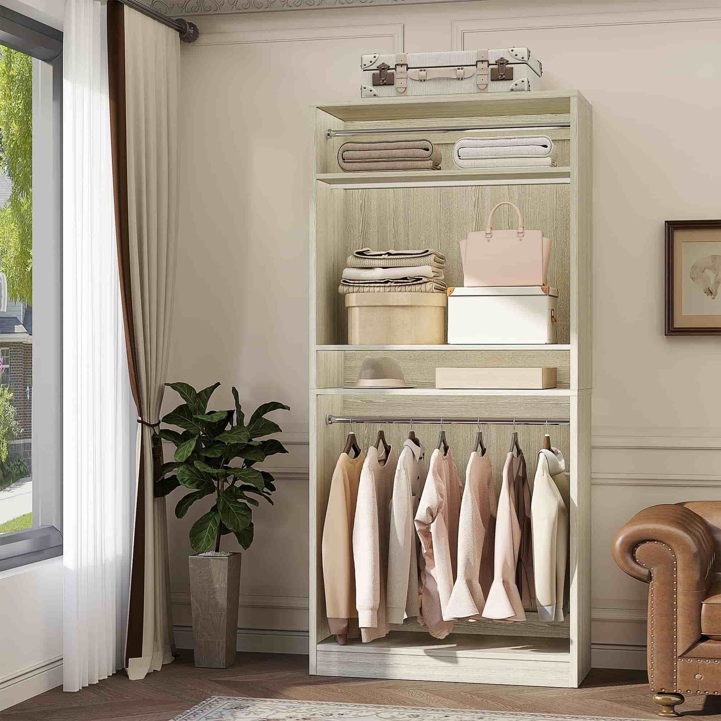 36" Freestanding Closet System with 2 Hanging Rods & Adjustable Shelves