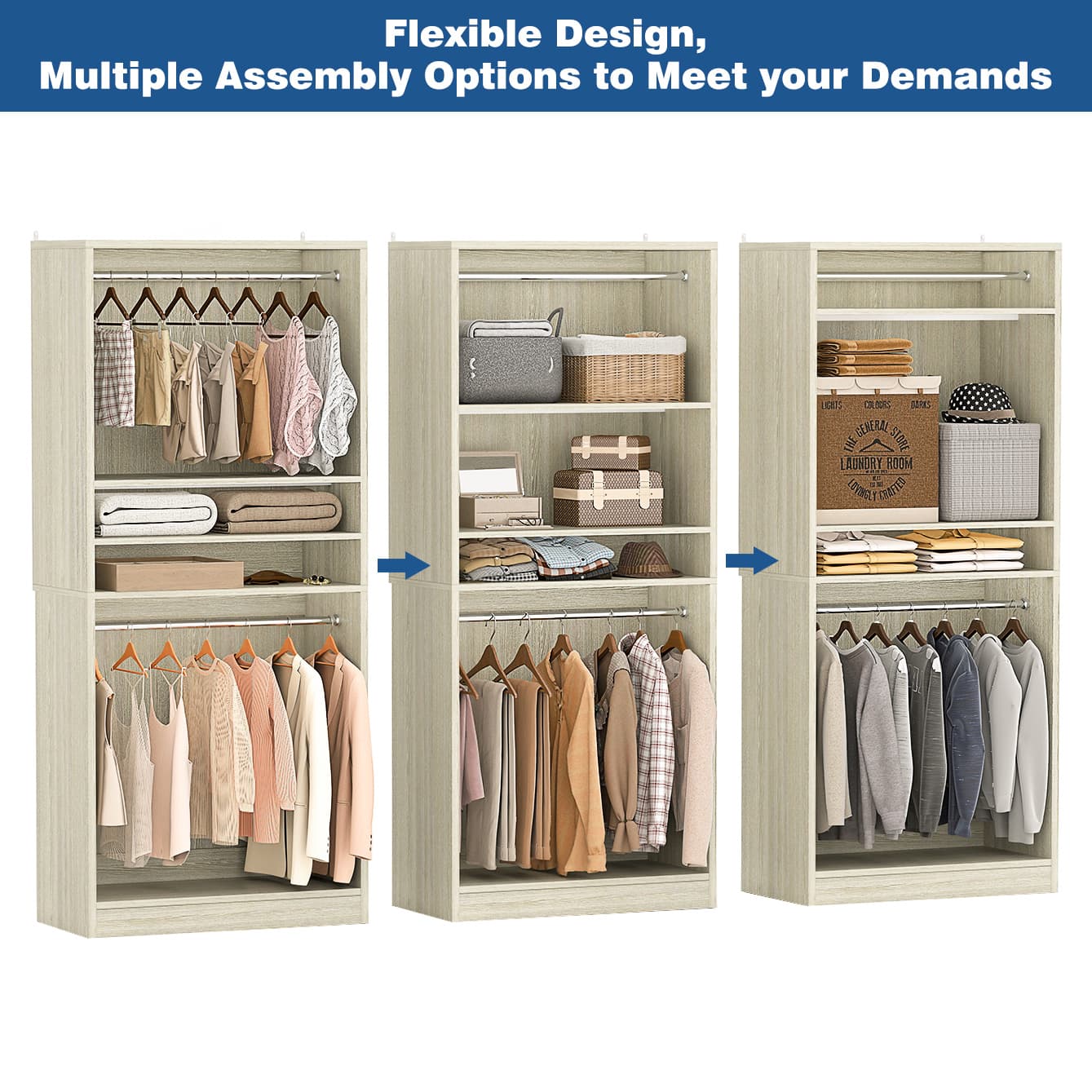 36" Freestanding Closet System with 2 Hanging Rods & Adjustable Shelves