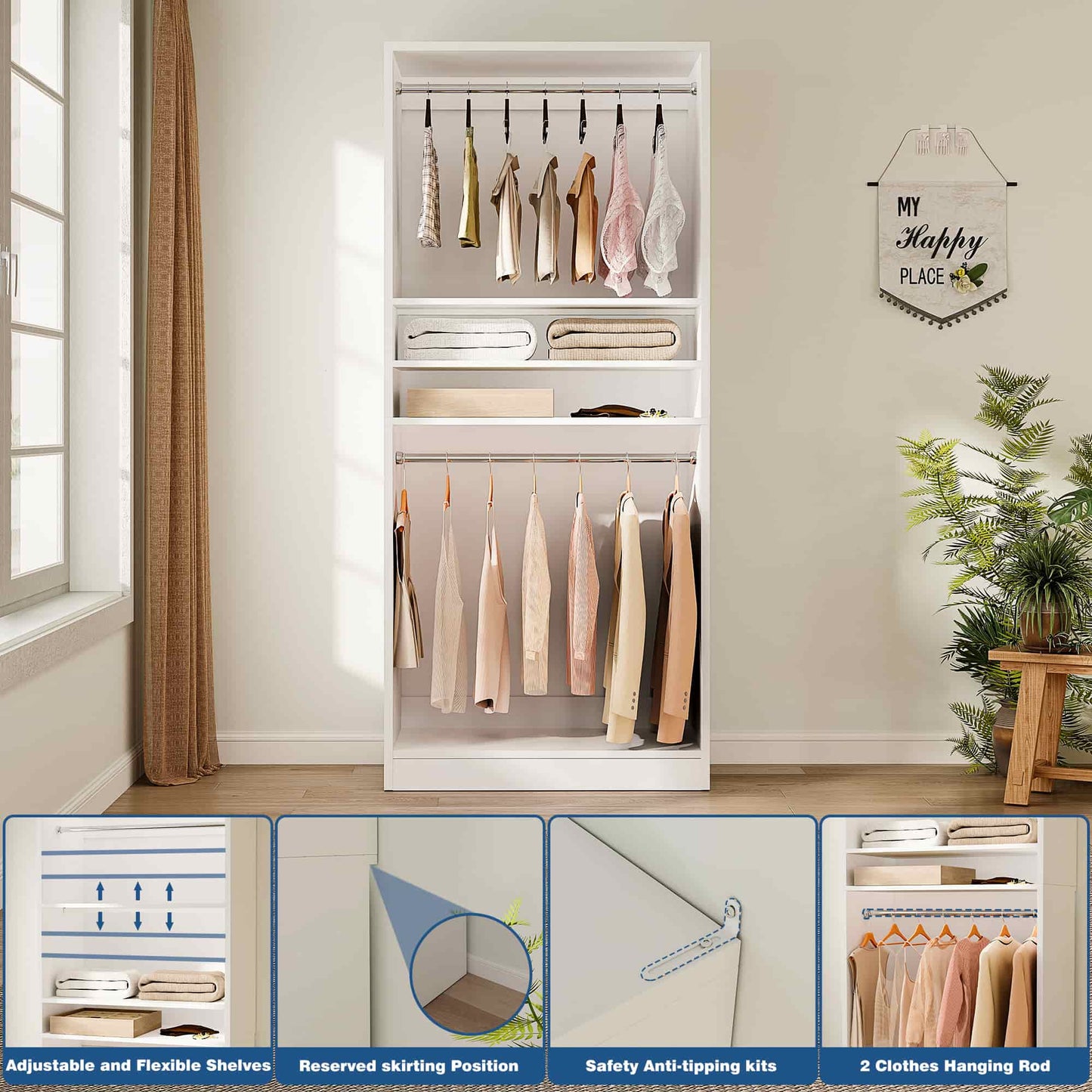 36" Freestanding Closet System with 2 Hanging Rods & Adjustable Shelves