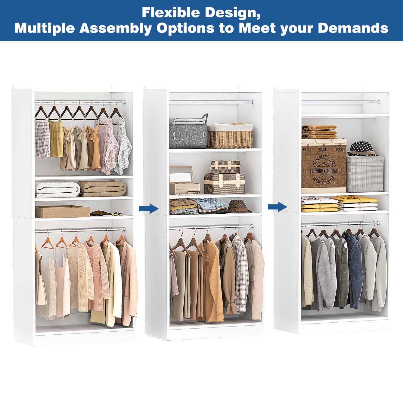 36" Freestanding Closet System with 2 Hanging Rods & Adjustable Shelves
