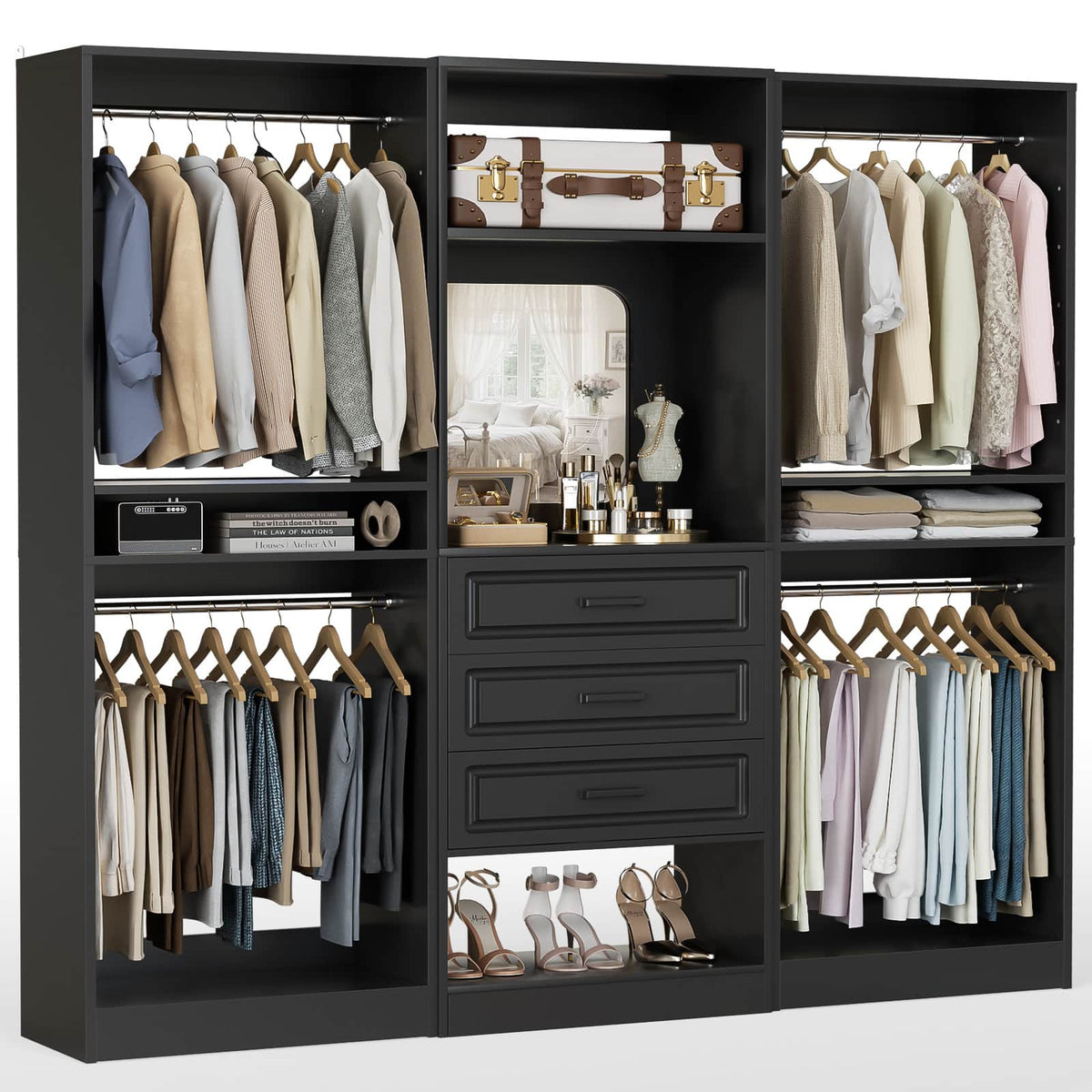 75'' Wide Closet System with Drawers 3 Piece Set with 4 Hanging Rods & Mirror
