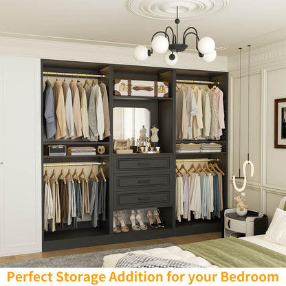 75'' Wide Closet System with Drawers 3 Piece Set with 4 Hanging Rods & Mirror