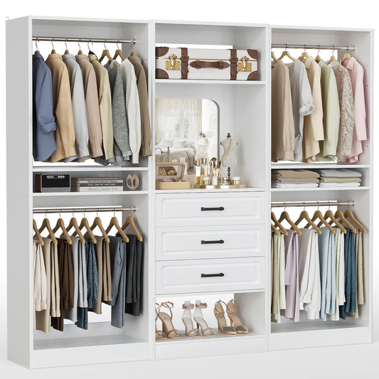 75'' Wide Closet System with Drawers 3 Piece Set with 4 Hanging Rods & Mirror