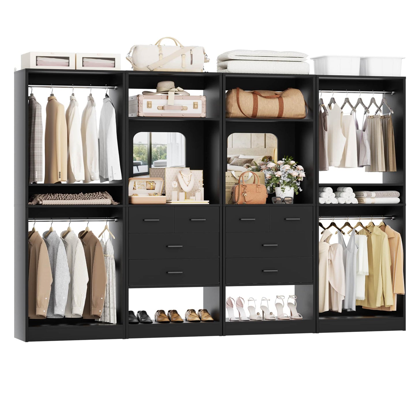 100 Inch(8.4ft) Walk-In Closet System with 8 Drawers and 4 Hanging Rods