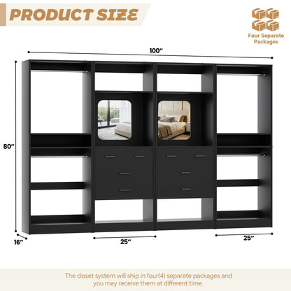 100 Inch(8.4ft) Walk-In Closet System with 8 Drawers and 4 Hanging Rods