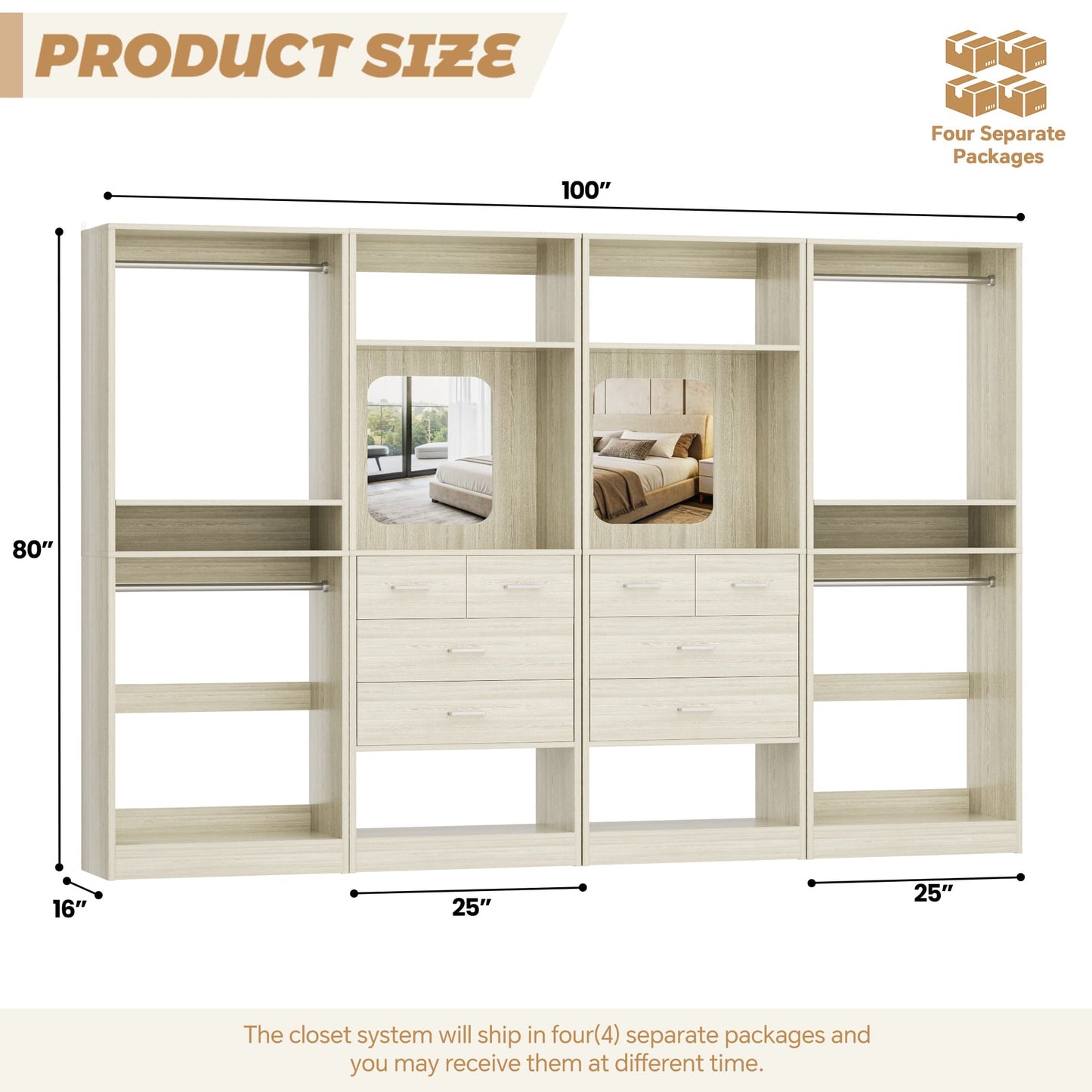 100 Inch(8.4ft) Walk-In Closet System with 8 Drawers and 4 Hanging Rods