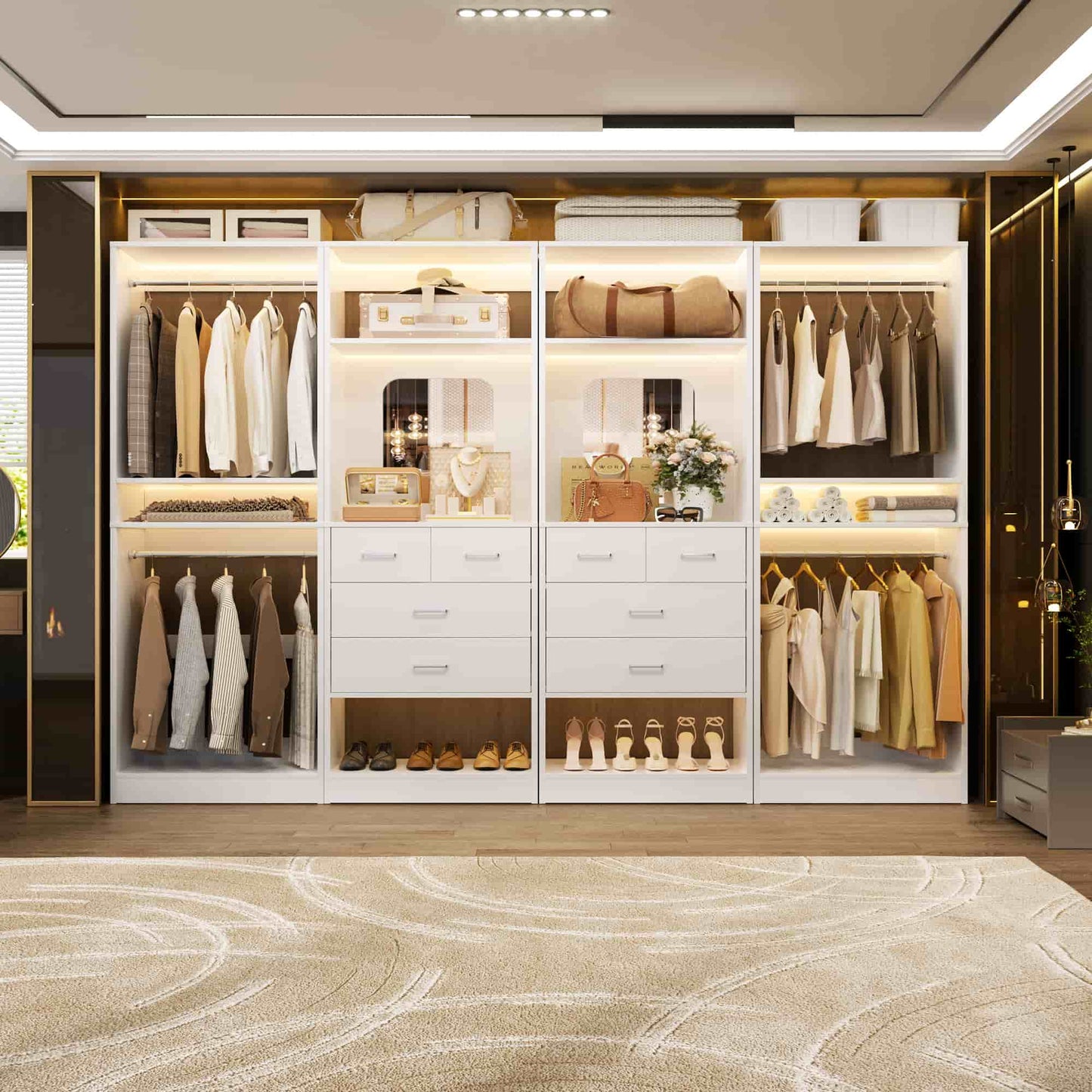 100 Inch(8.4ft) Walk-In Closet System with 8 Drawers and 4 Hanging Rods