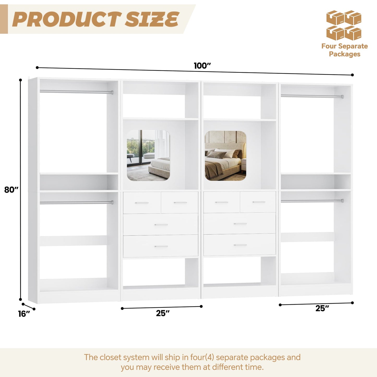 100 Inch(8.4ft) Walk-In Closet System with 8 Drawers and 4 Hanging Rods