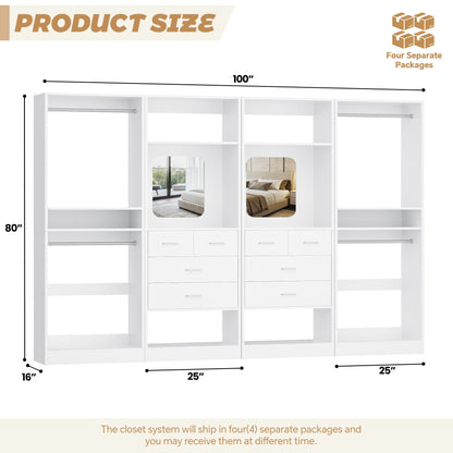 100 Inch(8.4ft) Walk-In Closet System with 8 Drawers and 4 Hanging Rods