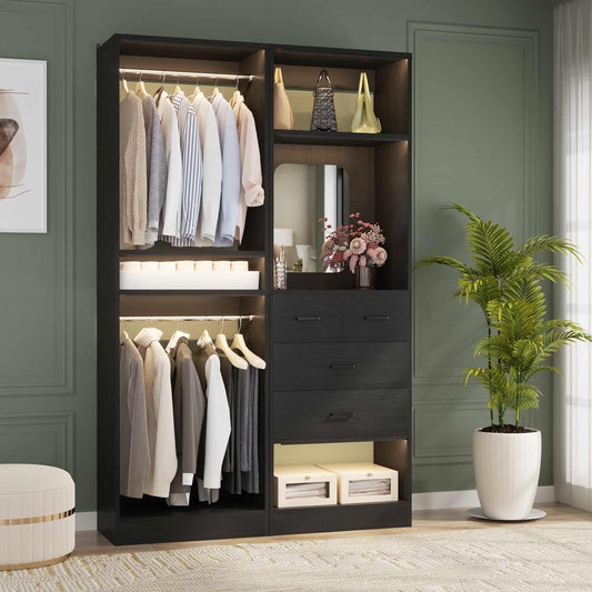 50" Closet System 2 Sets, Walk-in Closet System with 4 Wooden Drawers & 2 Hanging Rods