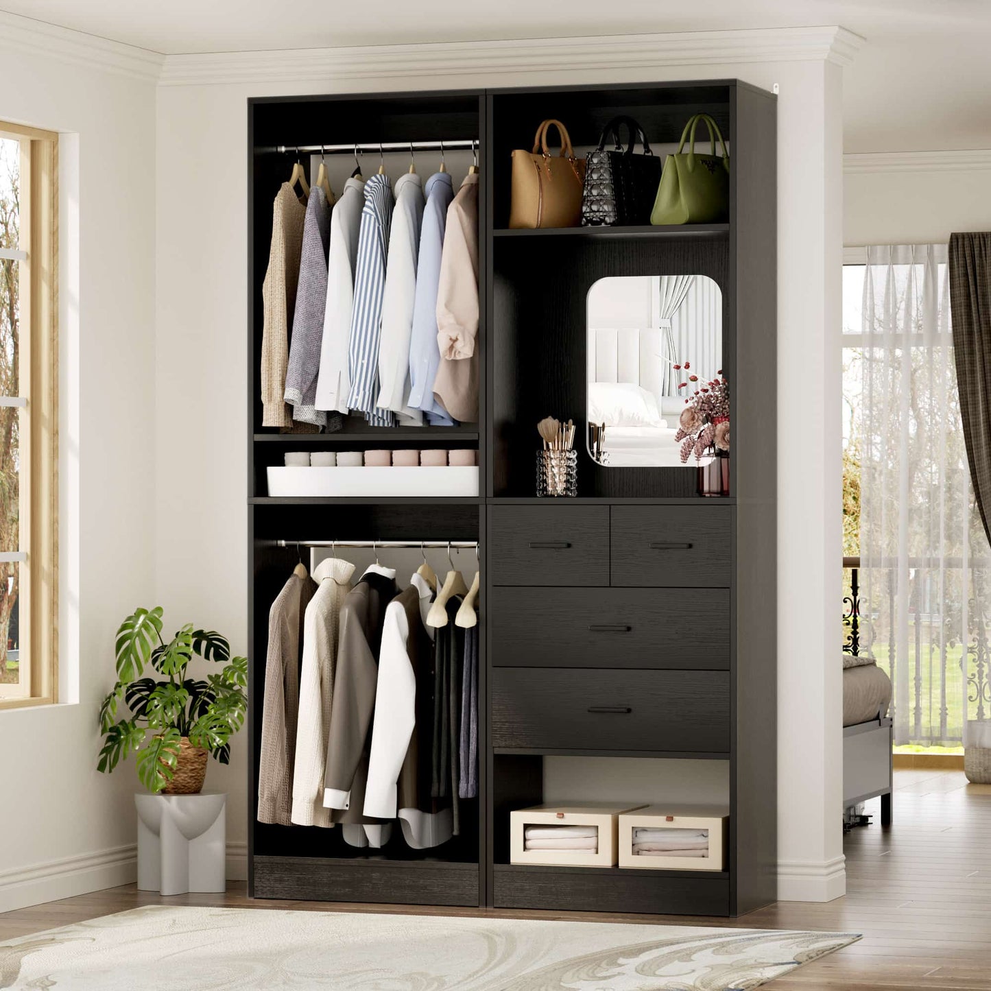 50" Closet System 2 Sets, Walk-in Closet System with 4 Wooden Drawers & 2 Hanging Rods