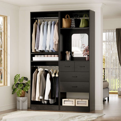 50" Closet System 2 Sets, Walk-in Closet System with 4 Wooden Drawers & 2 Hanging Rods