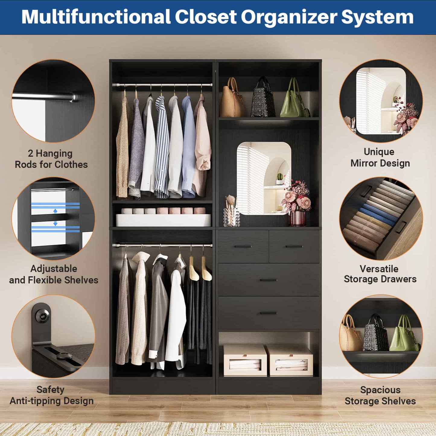 50" Closet System 2 Sets, Walk-in Closet System with 4 Wooden Drawers & 2 Hanging Rods