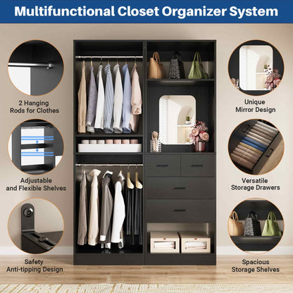 50" Closet System 2 Sets, Walk-in Closet System with 4 Wooden Drawers & 2 Hanging Rods