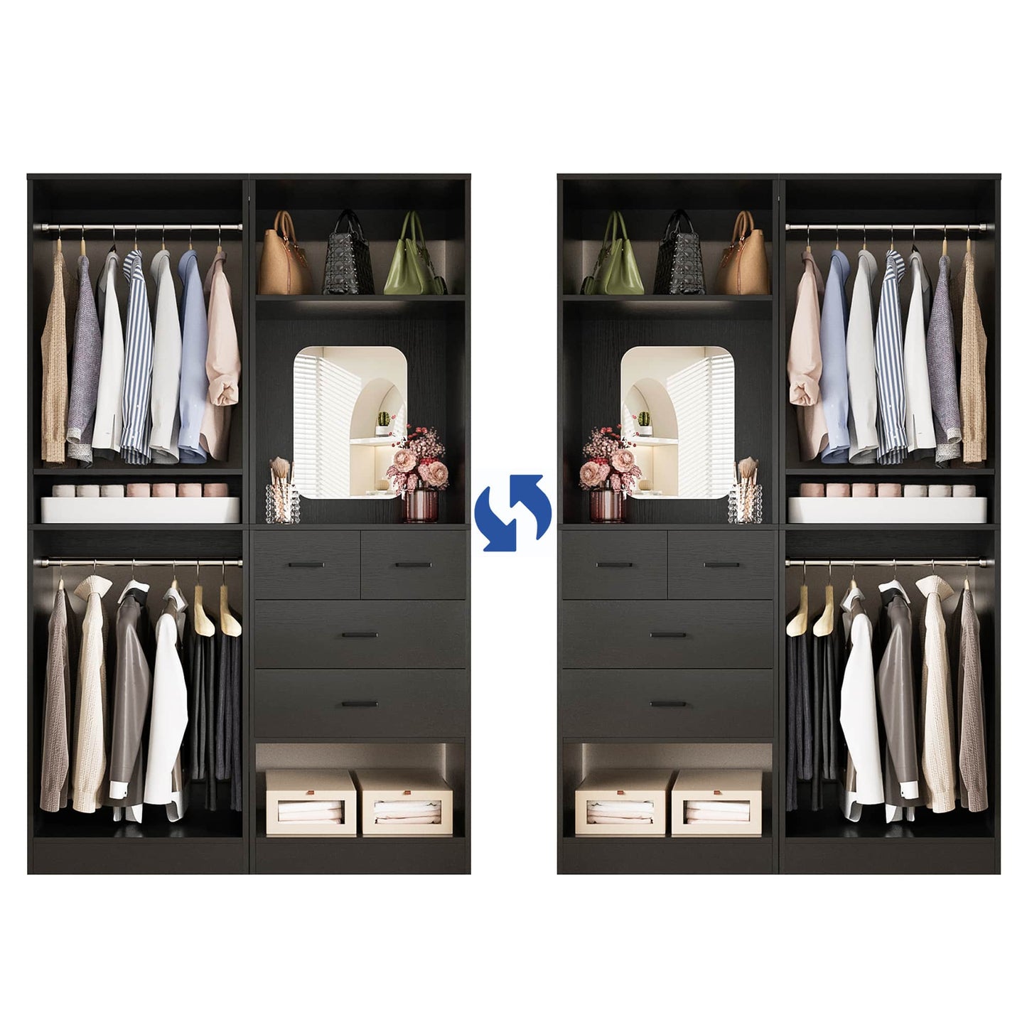 50" Closet System 2 Sets, Walk-in Closet System with 4 Wooden Drawers & 2 Hanging Rods