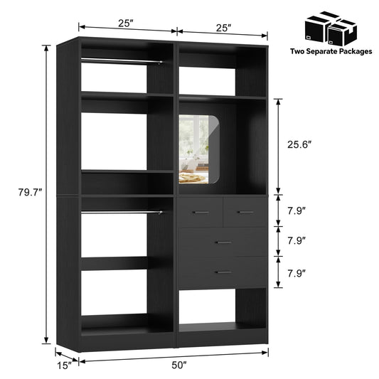50" Closet System 2 Sets, Walk-in Closet System with 4 Wooden Drawers & 2 Hanging Rods