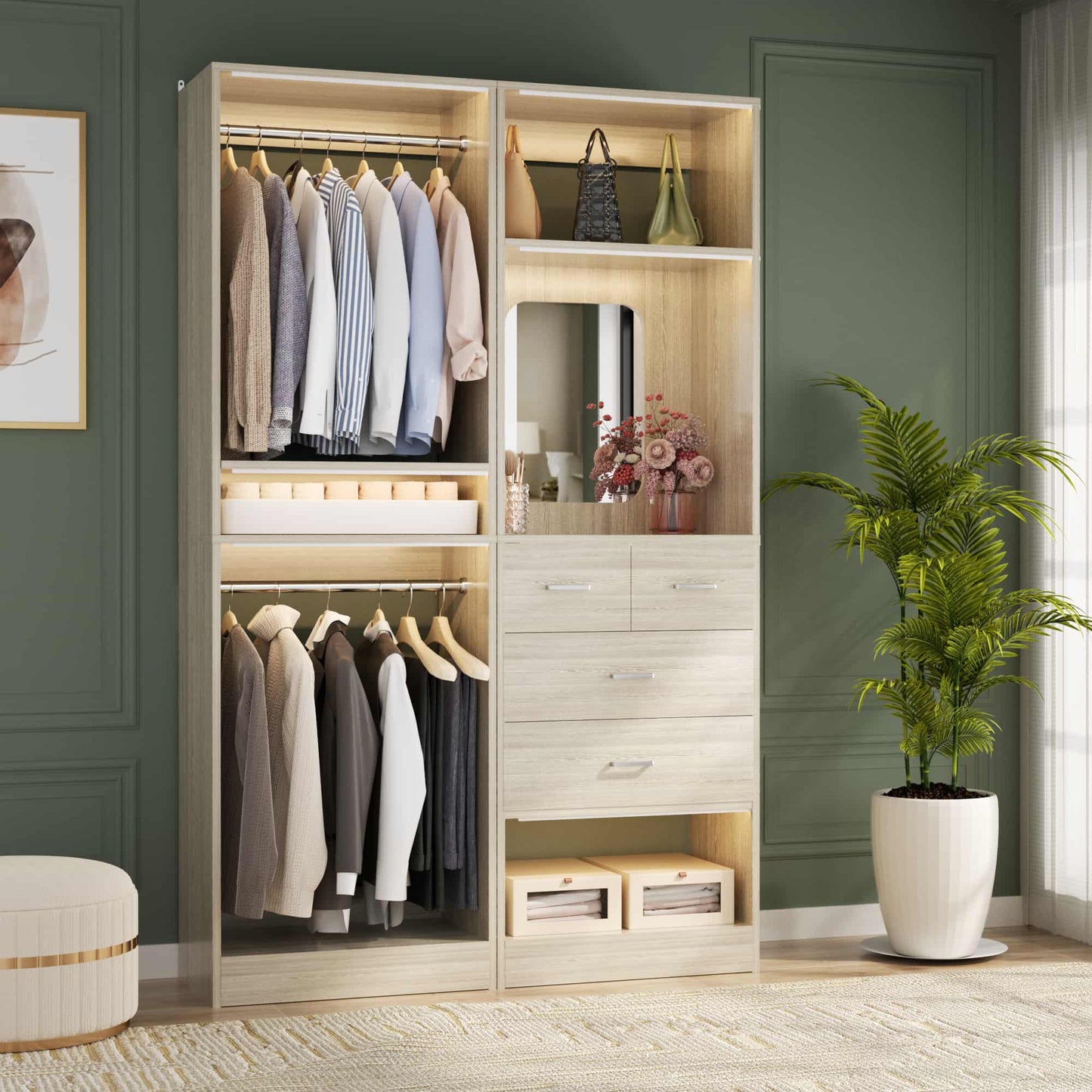 50" Closet System 2 Sets, Walk-in Closet System with 4 Wooden Drawers & 2 Hanging Rods