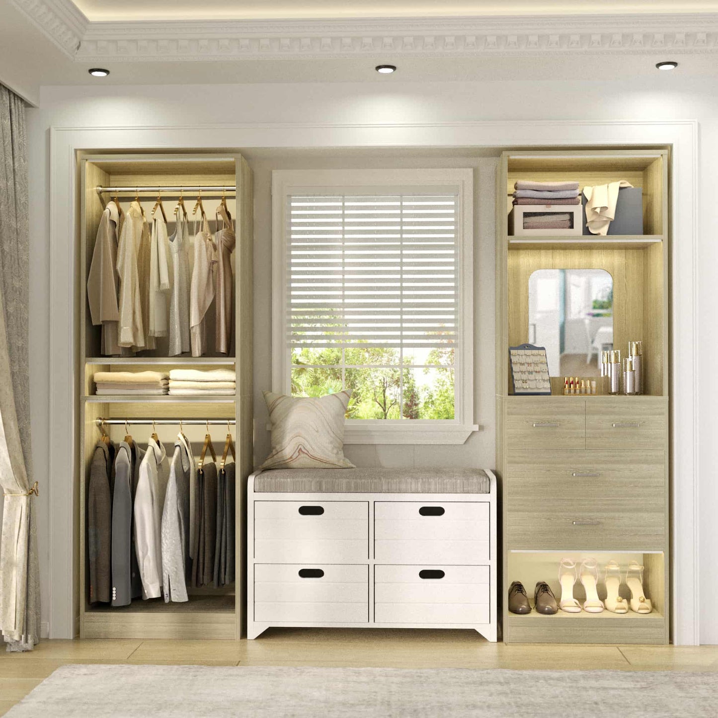 50" Closet System 2 Sets, Walk-in Closet System with 4 Wooden Drawers & 2 Hanging Rods