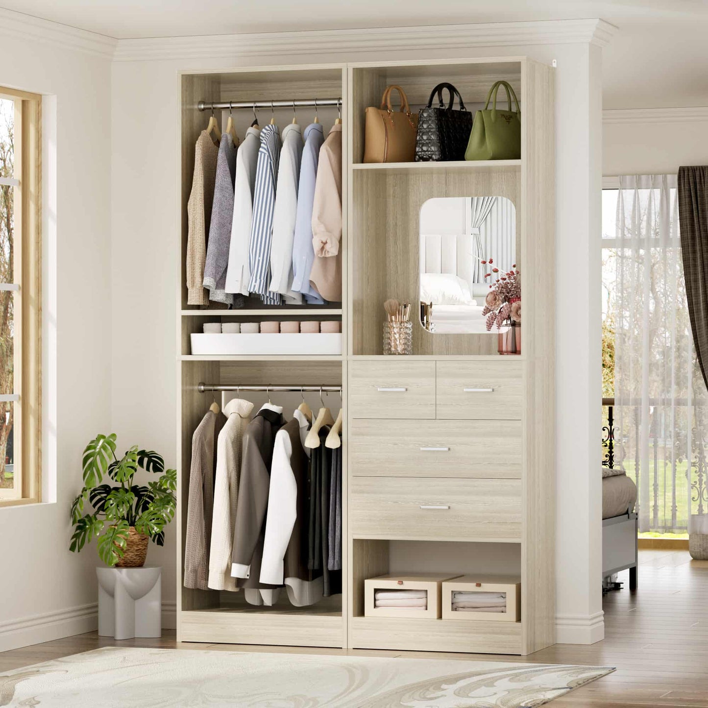 50" Closet System 2 Sets, Walk-in Closet System with 4 Wooden Drawers & 2 Hanging Rods