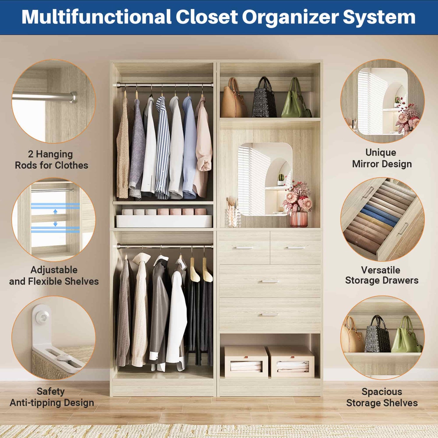 50" Closet System 2 Sets, Walk-in Closet System with 4 Wooden Drawers & 2 Hanging Rods