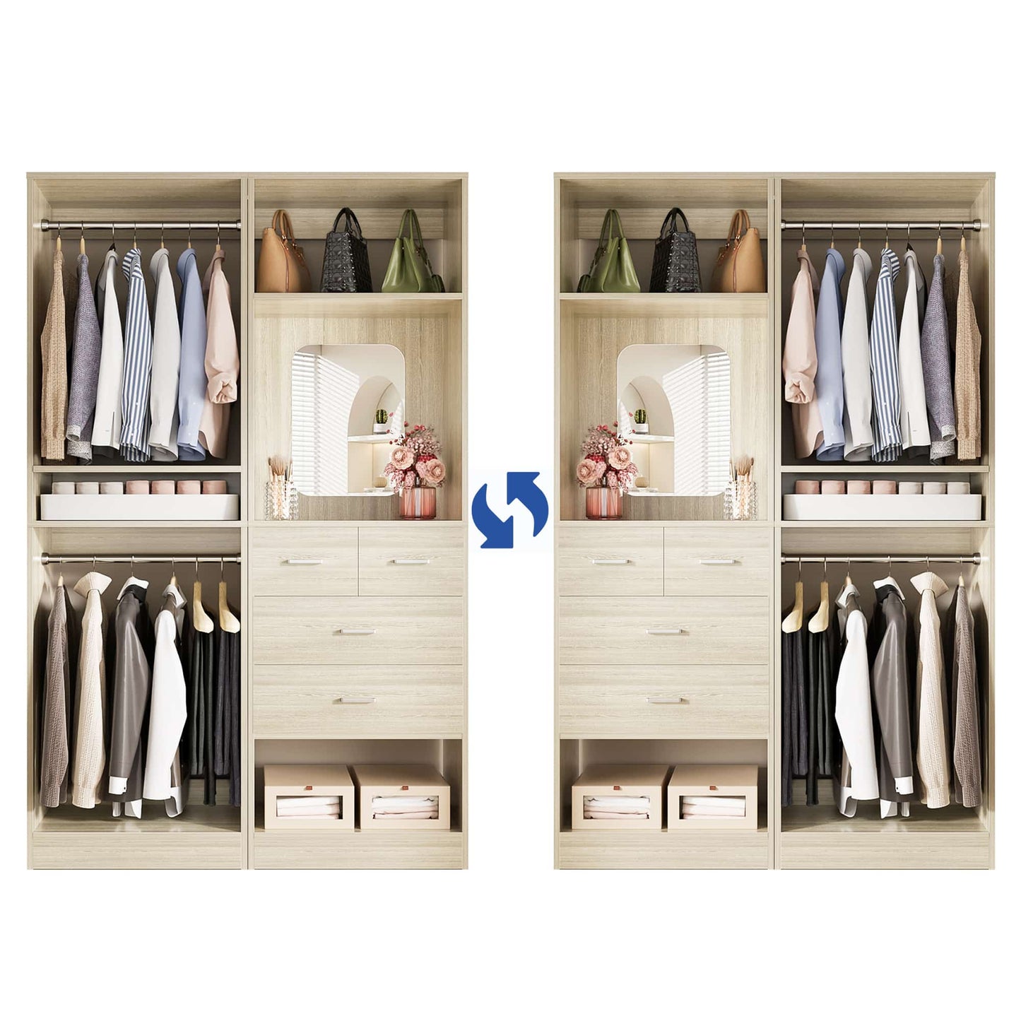 50" Closet System 2 Sets, Walk-in Closet System with 4 Wooden Drawers & 2 Hanging Rods