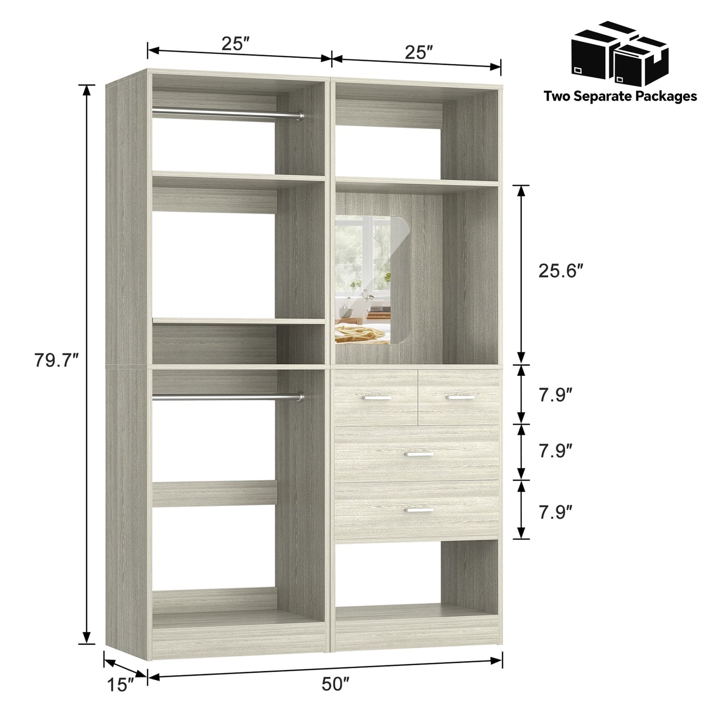 50" Closet System 2 Sets, Walk-in Closet System with 4 Wooden Drawers & 2 Hanging Rods