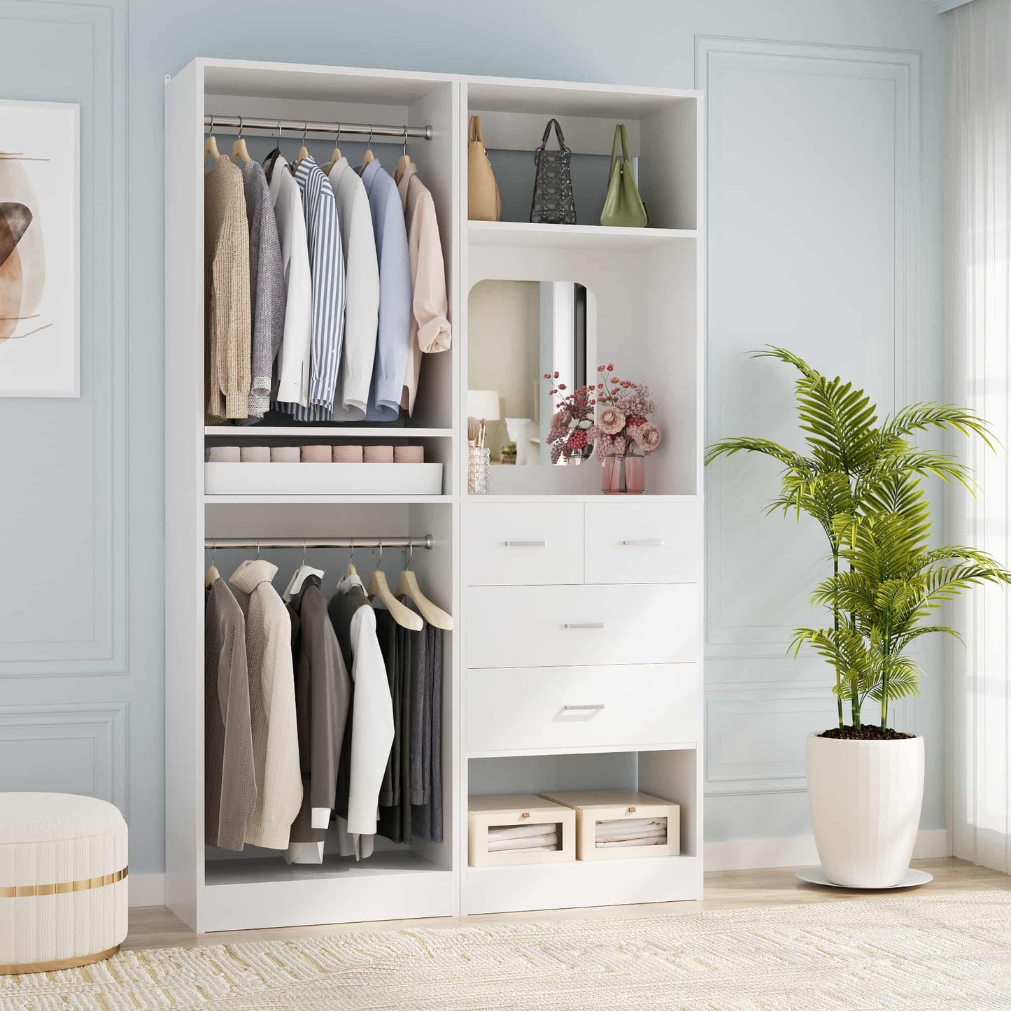 50" Closet System 2 Sets, Walk-in Closet System with 4 Wooden Drawers & 2 Hanging Rods