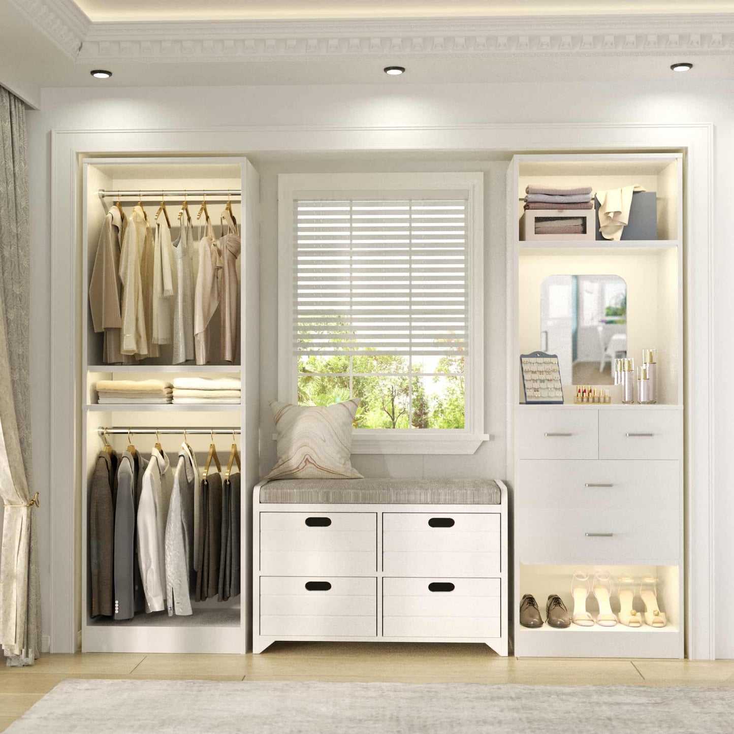 50" Closet System 2 Sets, Walk-in Closet System with 4 Wooden Drawers & 2 Hanging Rods