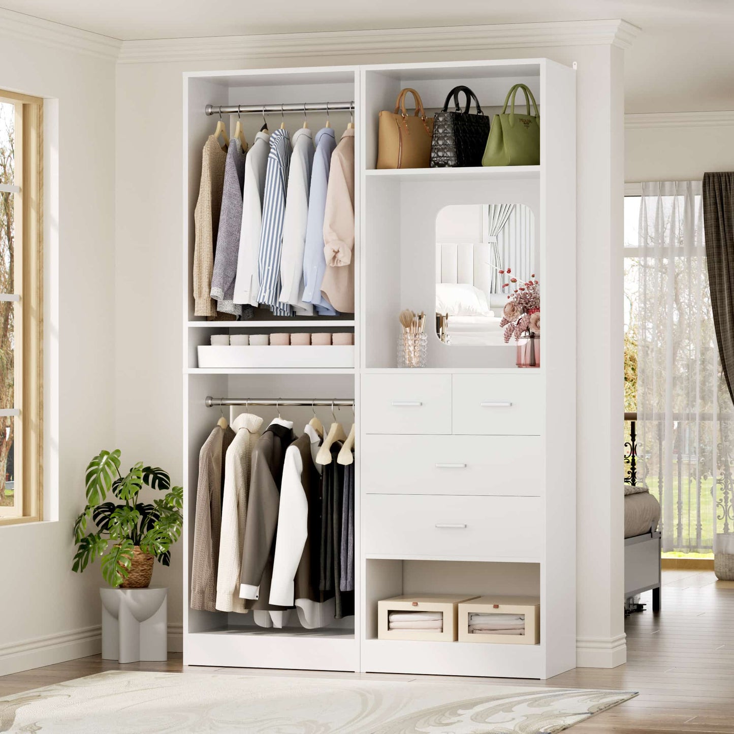 50" Closet System 2 Sets, Walk-in Closet System with 4 Wooden Drawers & 2 Hanging Rods