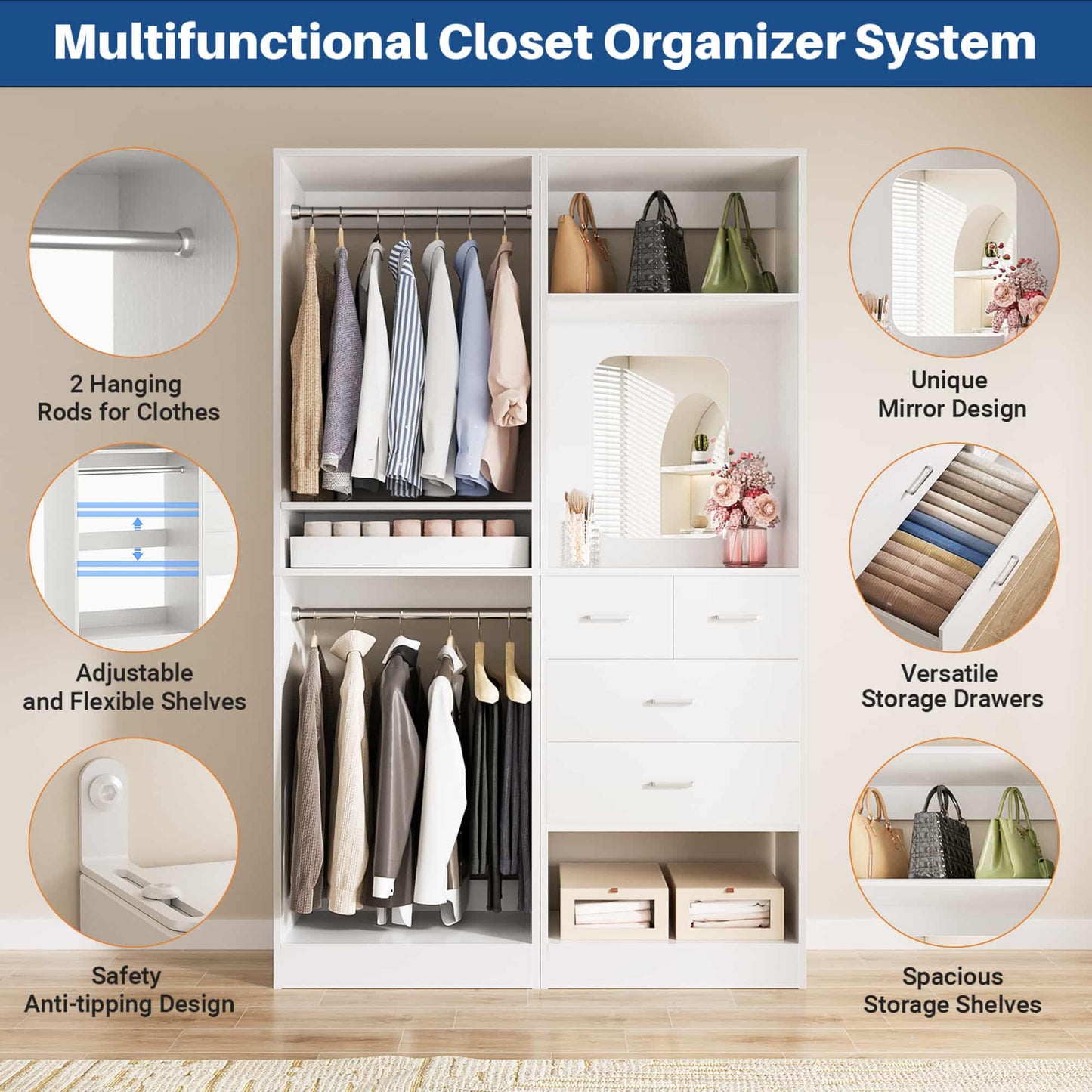50" Closet System 2 Sets, Walk-in Closet System with 4 Wooden Drawers & 2 Hanging Rods