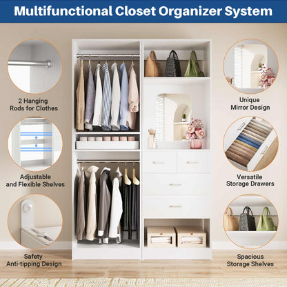 50" Closet System 2 Sets, Walk-in Closet System with 4 Wooden Drawers & 2 Hanging Rods