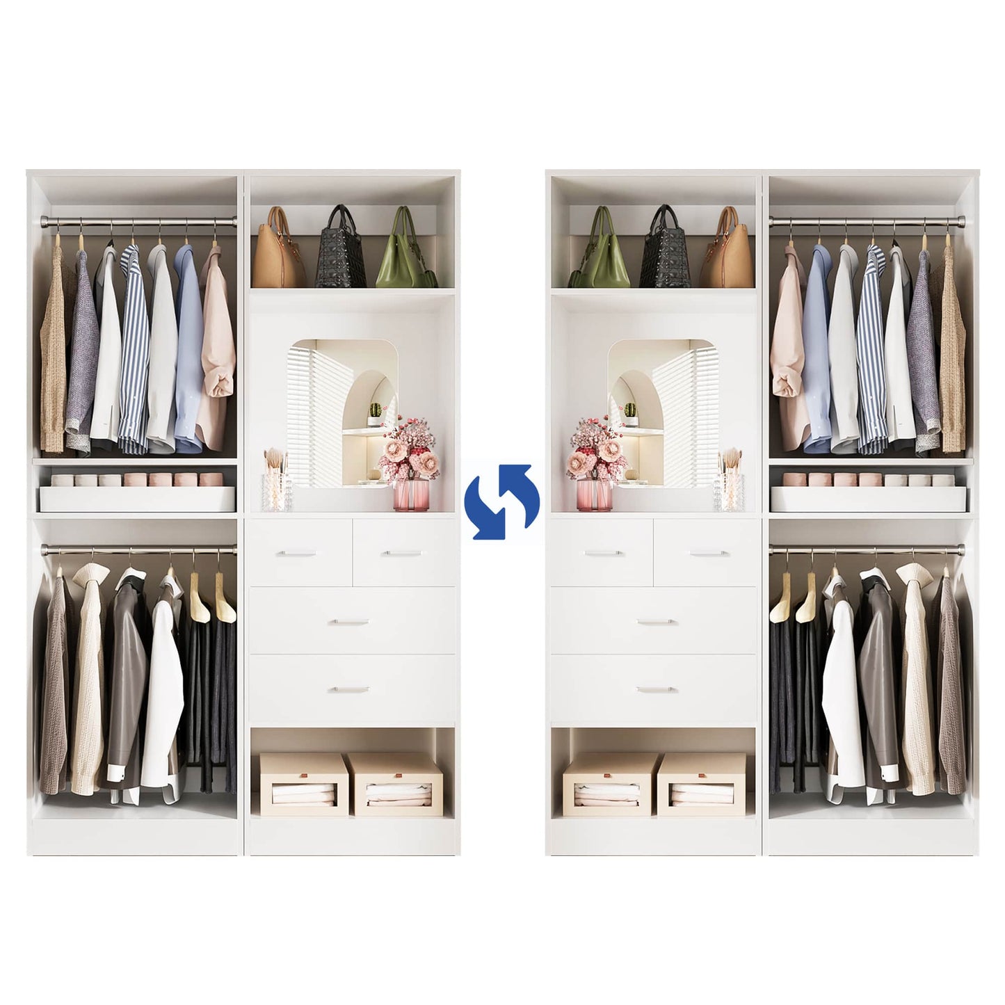50" Closet System 2 Sets, Walk-in Closet System with 4 Wooden Drawers & 2 Hanging Rods