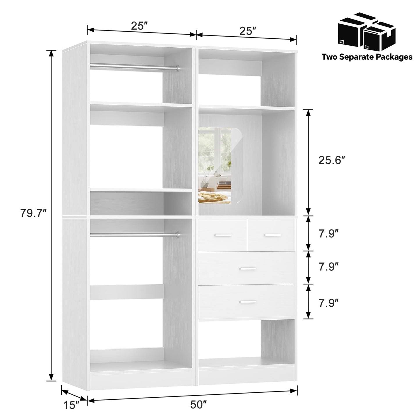 50" Closet System 2 Sets, Walk-in Closet System with 4 Wooden Drawers & 2 Hanging Rods
