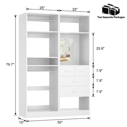 50" Closet System 2 Sets, Walk-in Closet System with 4 Wooden Drawers & 2 Hanging Rods