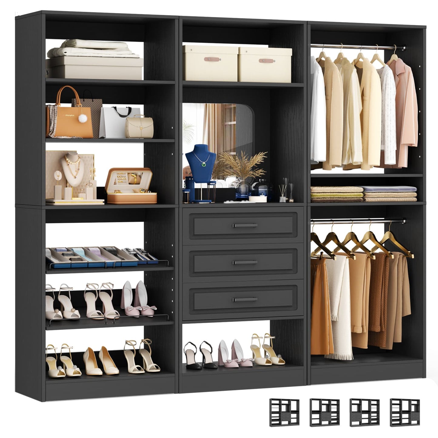 75" Freestanding Closet Organizer System with 3 Drawers, Shoe Rack Tower, Mirror, and 2 Hanging Rods