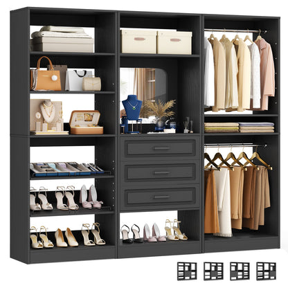 75" Freestanding Closet Organizer System with 3 Drawers, Shoe Rack Tower, Mirror, and 2 Hanging Rods