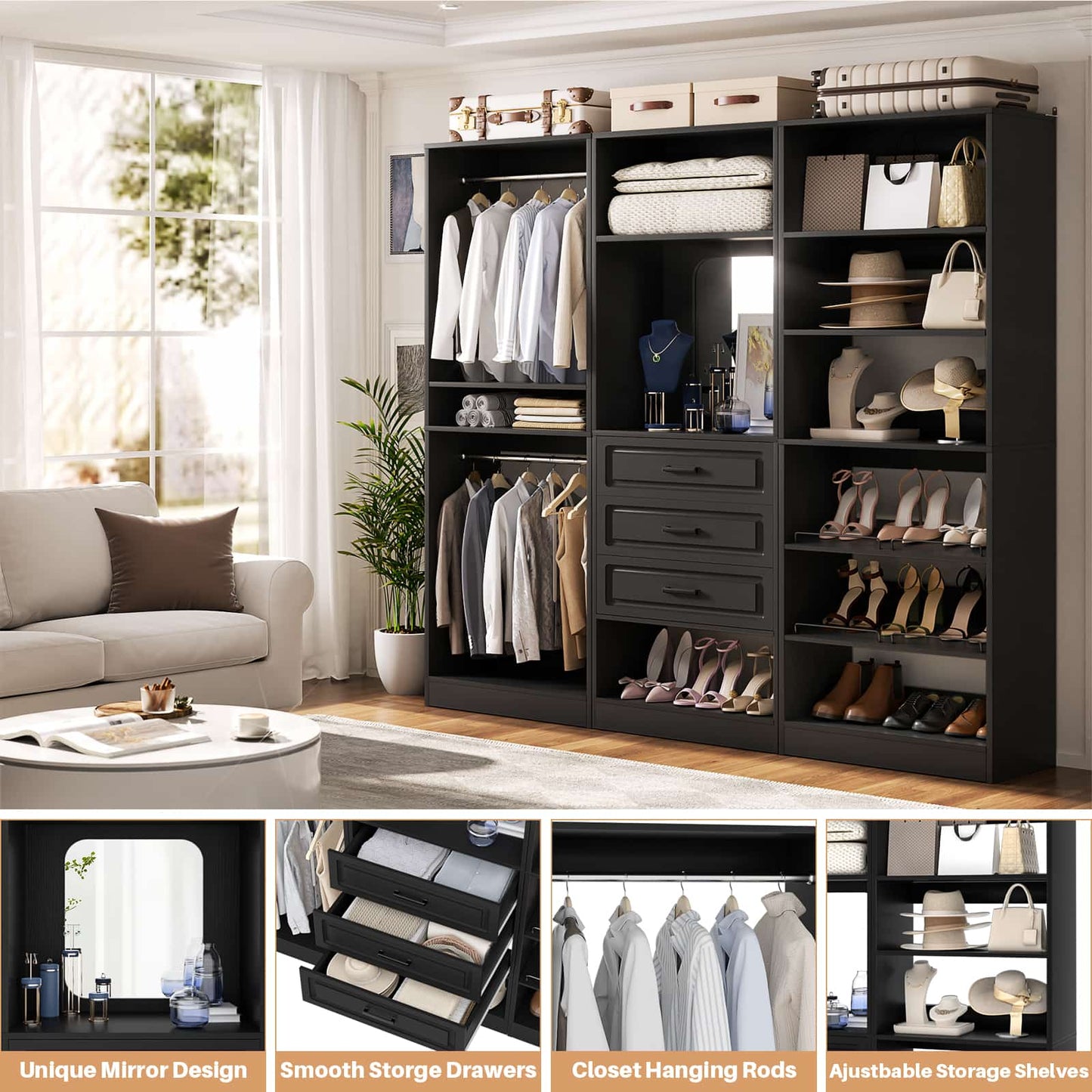 75" Freestanding Closet Organizer System with 3 Drawers, Shoe Rack Tower, Mirror, and 2 Hanging Rods