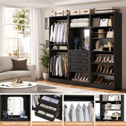 75" Freestanding Closet Organizer System with 3 Drawers, Shoe Rack Tower, Mirror, and 2 Hanging Rods