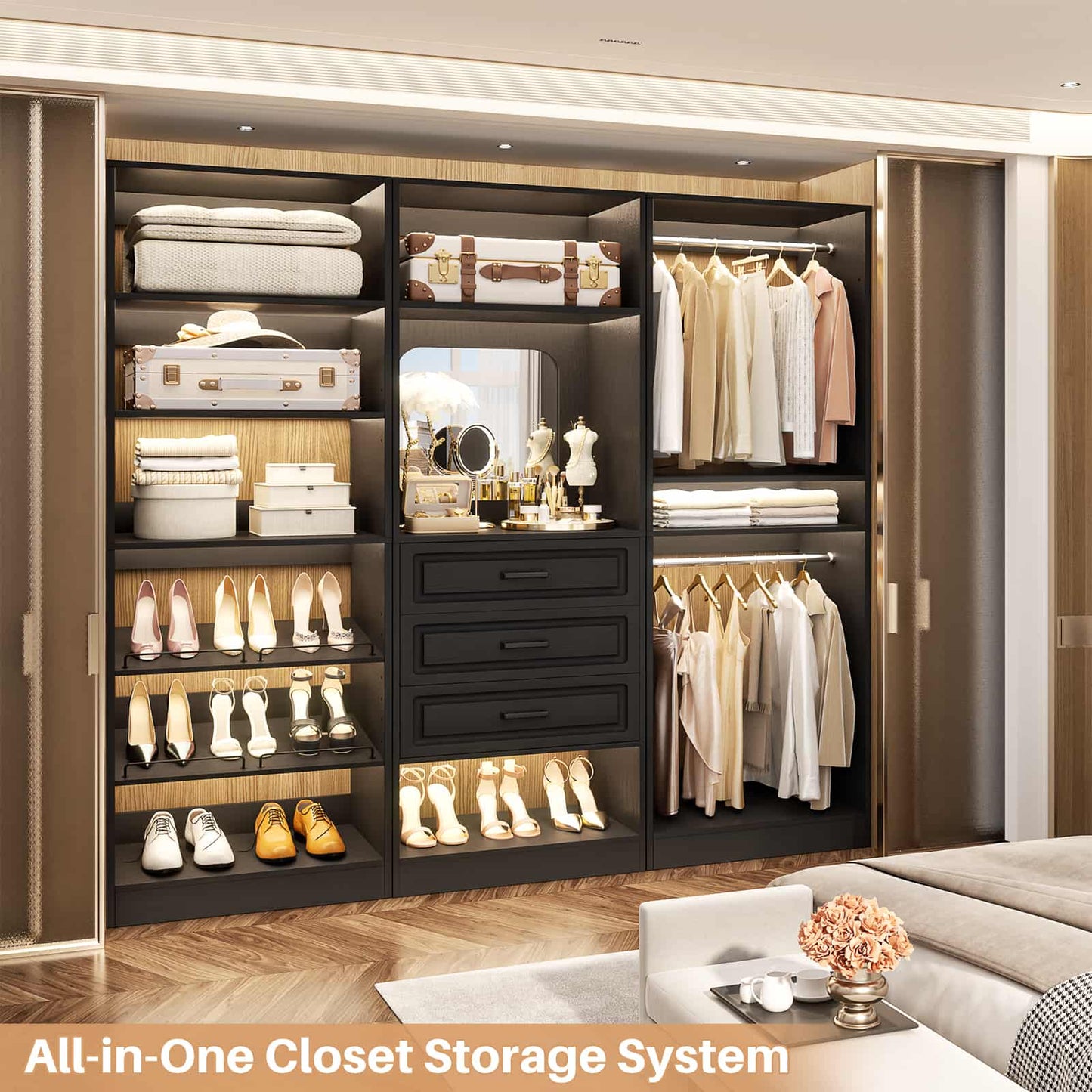 75" Freestanding Closet Organizer System with 3 Drawers, Shoe Rack Tower, Mirror, and 2 Hanging Rods