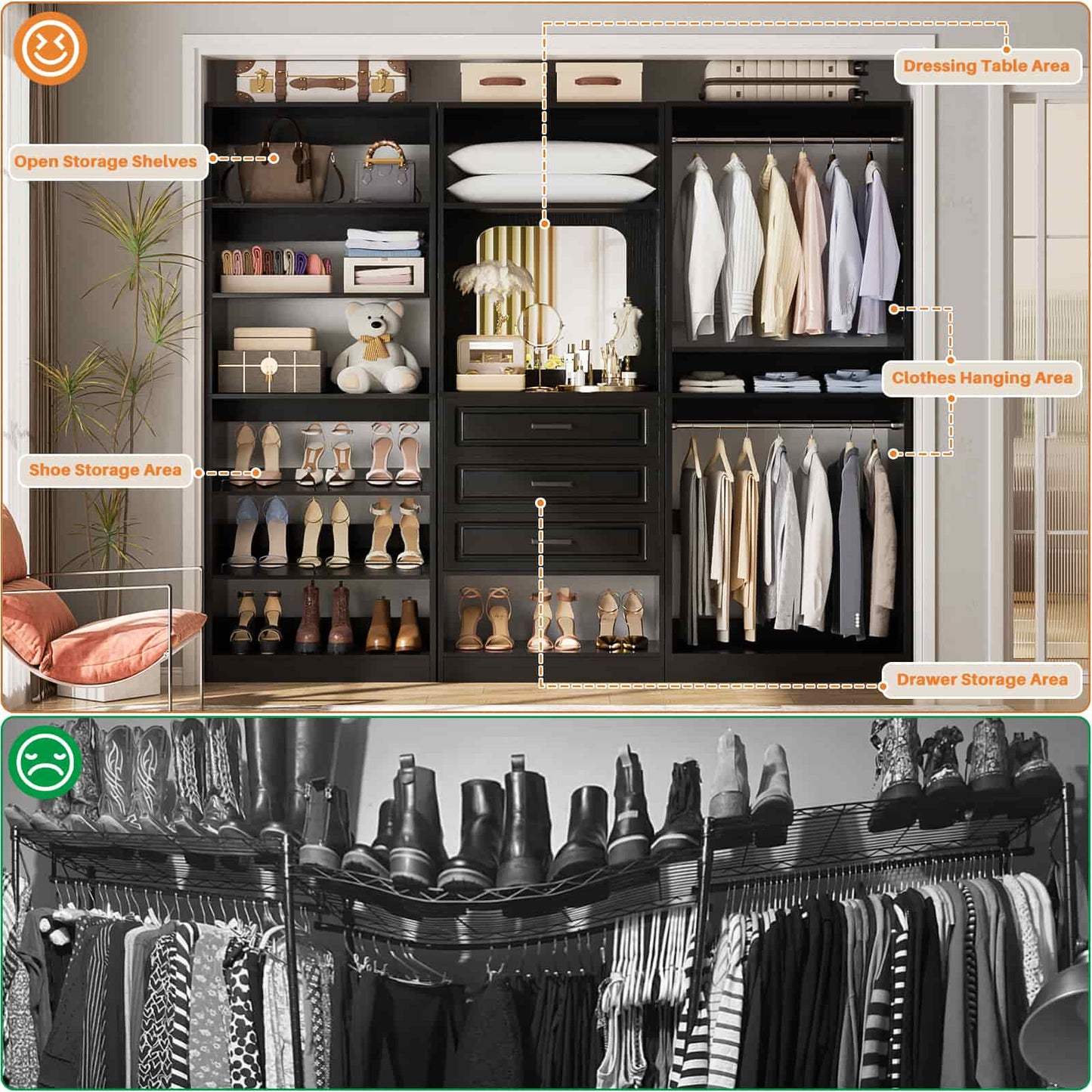 75" Freestanding Closet Organizer System with 3 Drawers, Shoe Rack Tower, Mirror, and 2 Hanging Rods