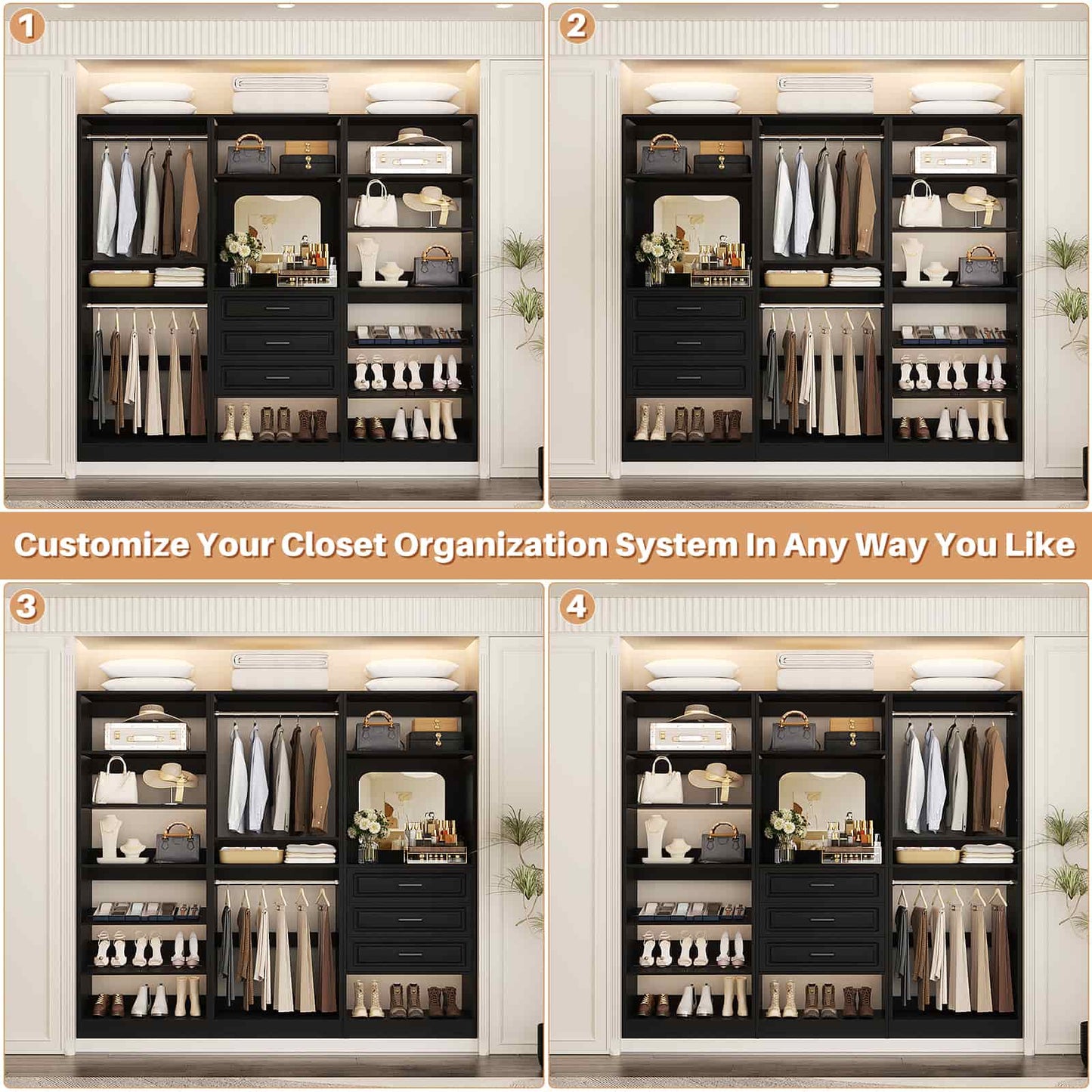 75" Freestanding Closet Organizer System with 3 Drawers, Shoe Rack Tower, Mirror, and 2 Hanging Rods