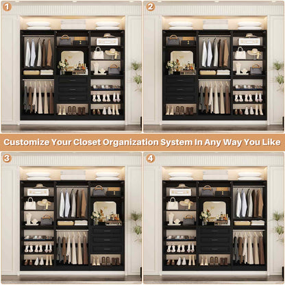 75" Freestanding Closet Organizer System with 3 Drawers, Shoe Rack Tower, Mirror, and 2 Hanging Rods