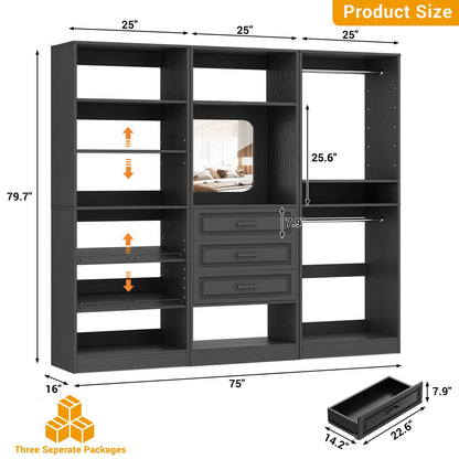 75" Freestanding Closet Organizer System with 3 Drawers, Shoe Rack Tower, Mirror, and 2 Hanging Rods
