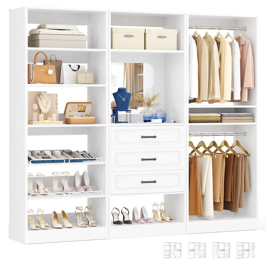 75" Freestanding Closet Organizer System with 3 Drawers, Shoe Rack Tower, Mirror, and 2 Hanging Rods